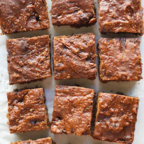 Sliced orange chocolate brownies shot from above.