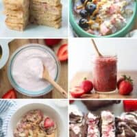 A six image collage of favorite strawberry recipes.