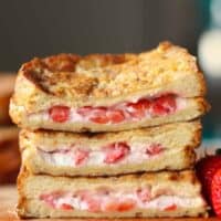 Stuffed French Toast stacked showing the inside.