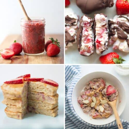 A four image collage of favorite strawberry recipes.