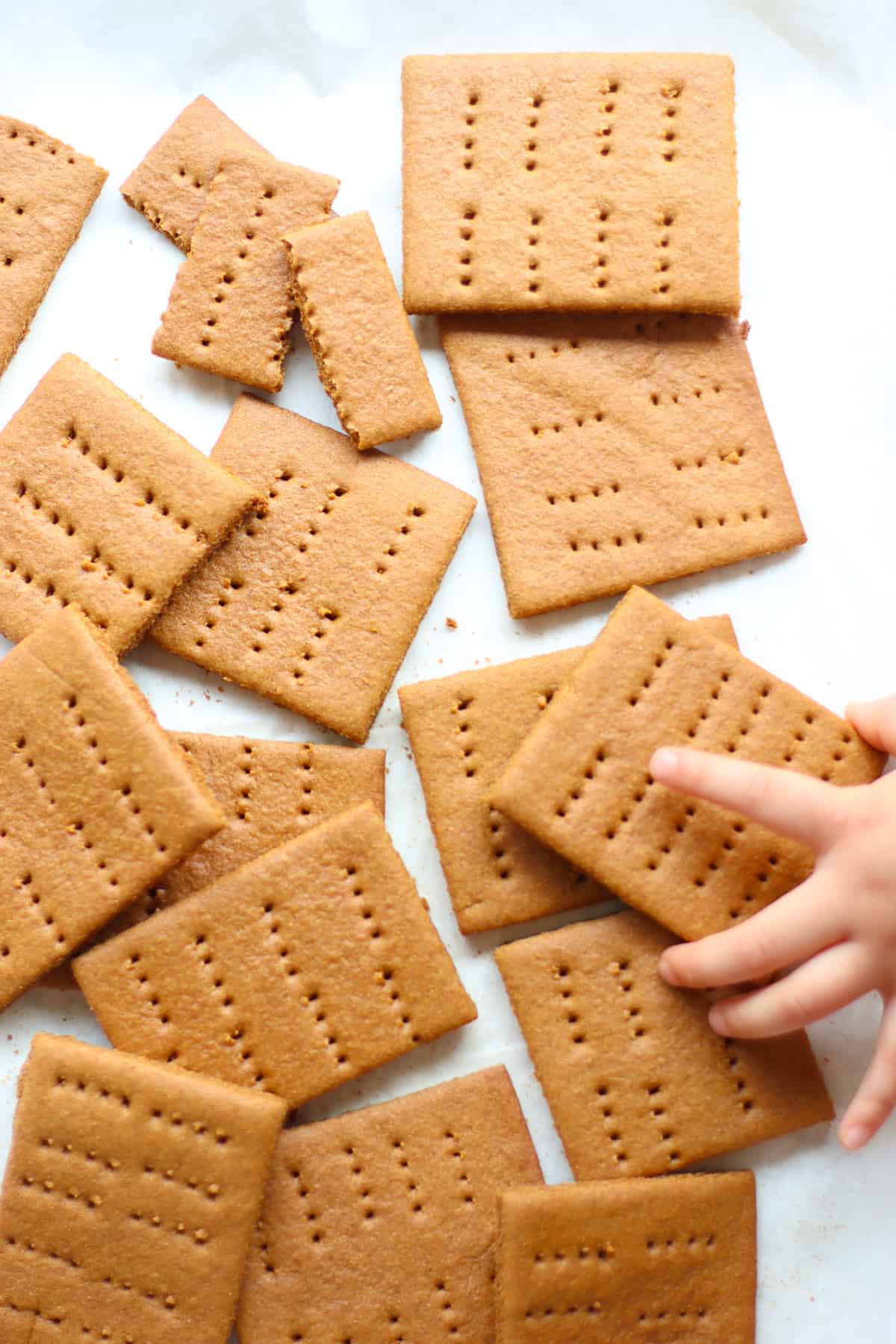Graham crackers laid on a counter with a hand grabbing one.