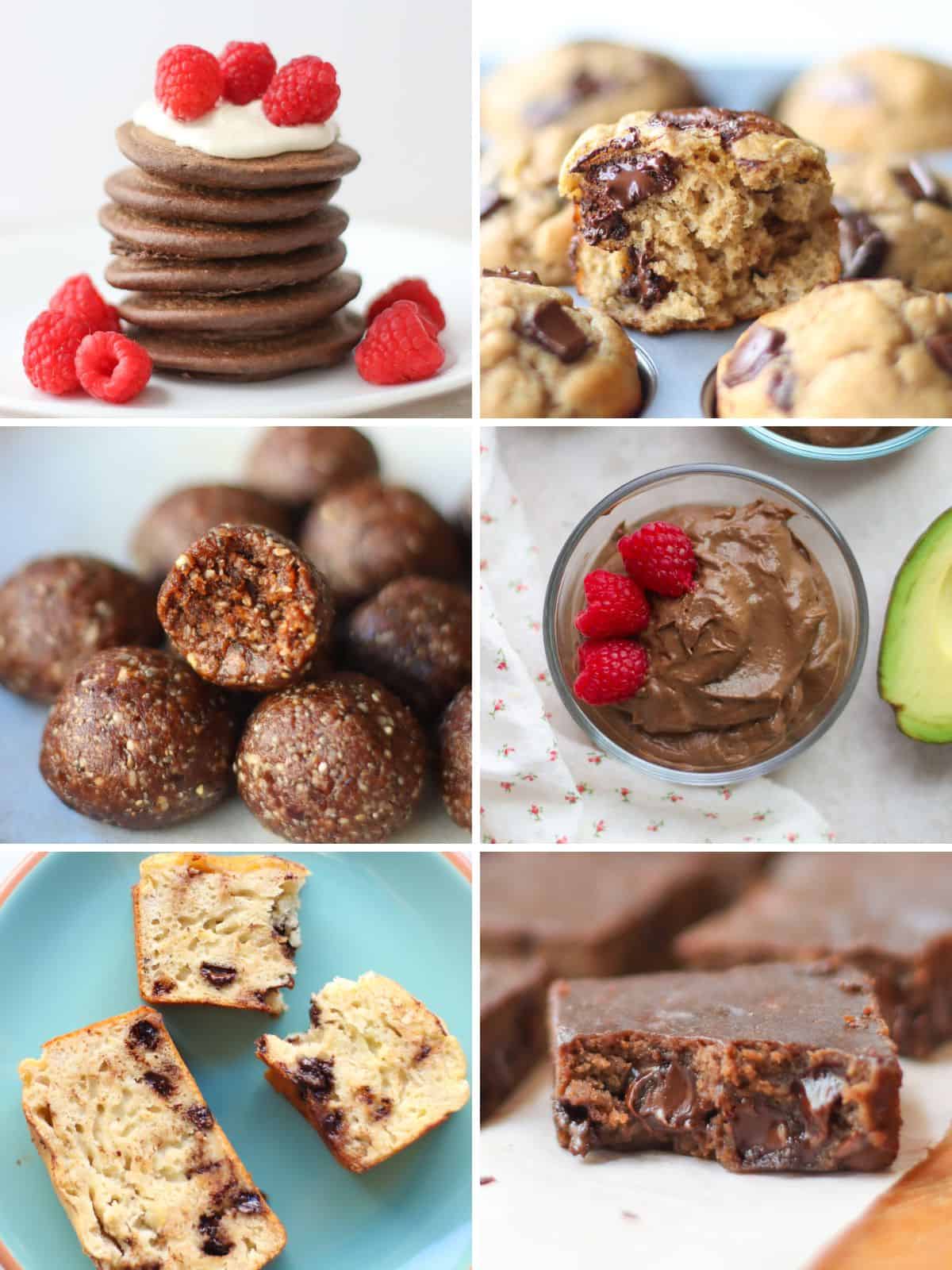 A six image collage of healthy chocolate snacks for kids.