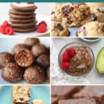 A six image collage of healthy chocolate snacks for kids.
