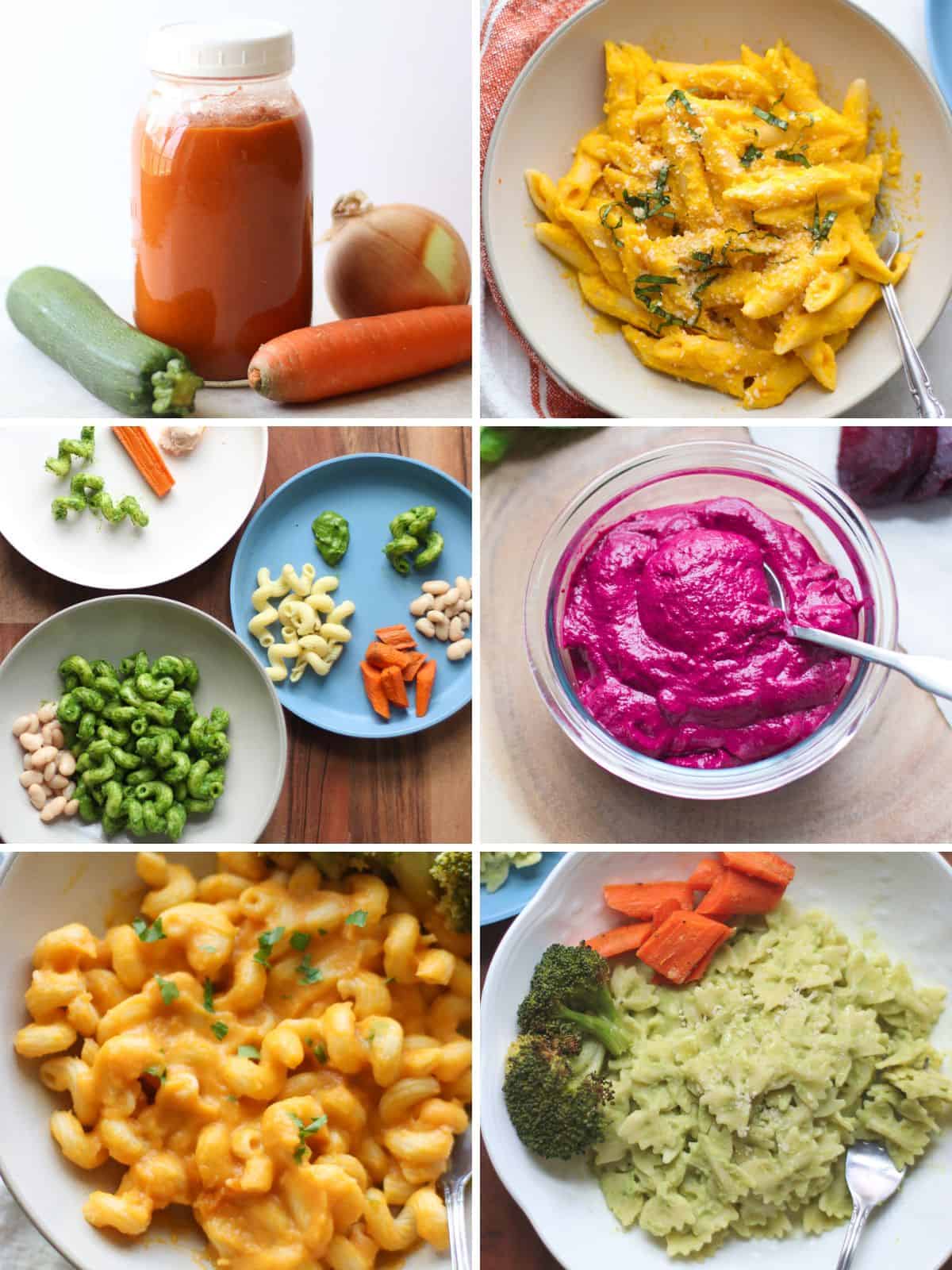 A six image collage of favorite vegetarian pasta sauces.