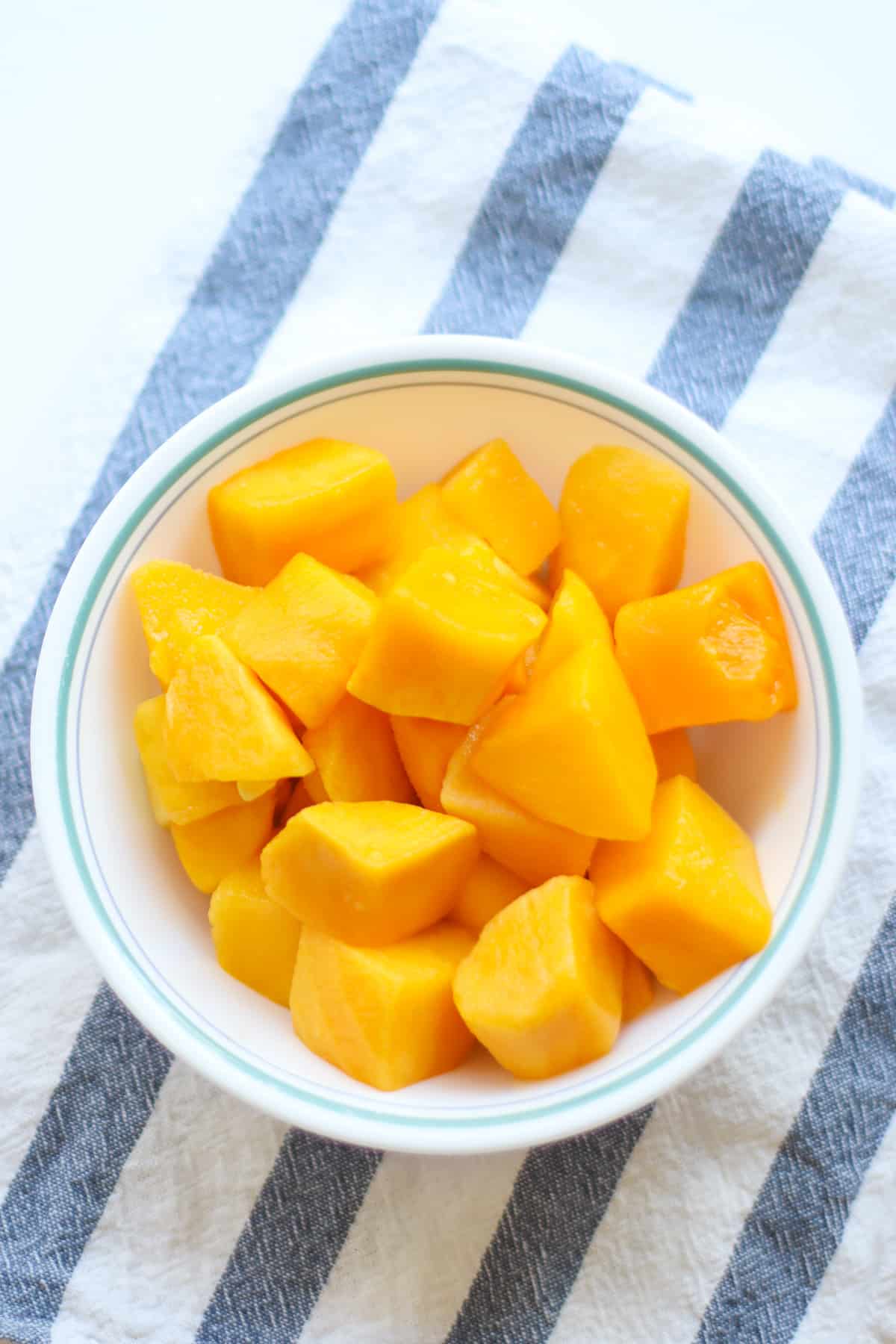 Mango cubes in a bowl.