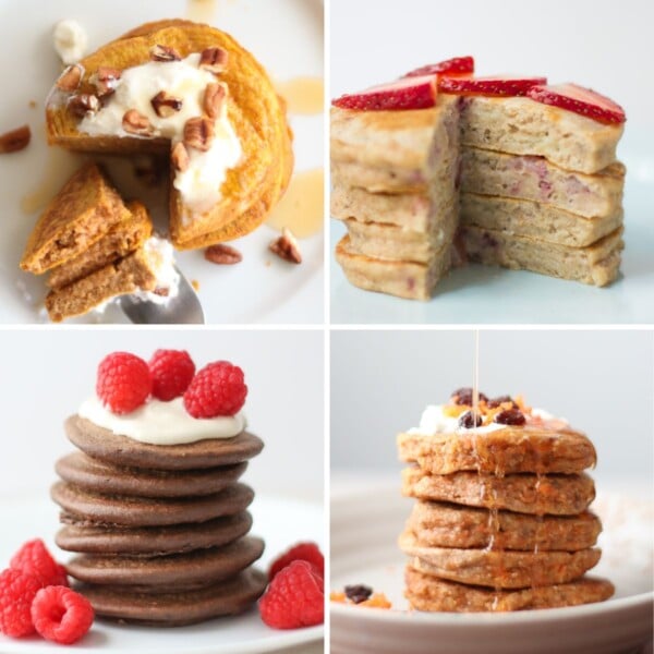 A four image collage of stacked pancakes with healthy toppings.
