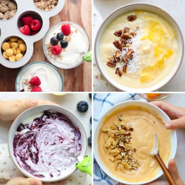 Four image collage of flavored yogurts.