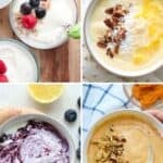 Four image collage of flavored yogurts.