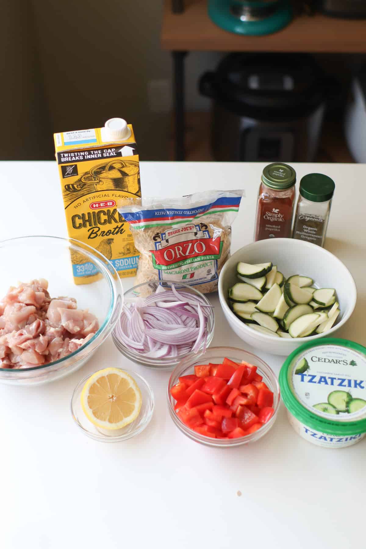 All the ingredients laid out on a white table.