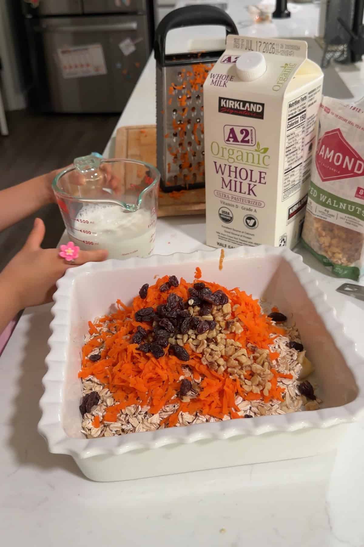 All the ingredients added to the baking dish.