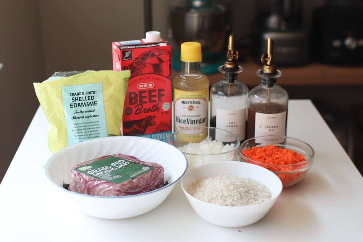 All the ingredients laid out on a white table.