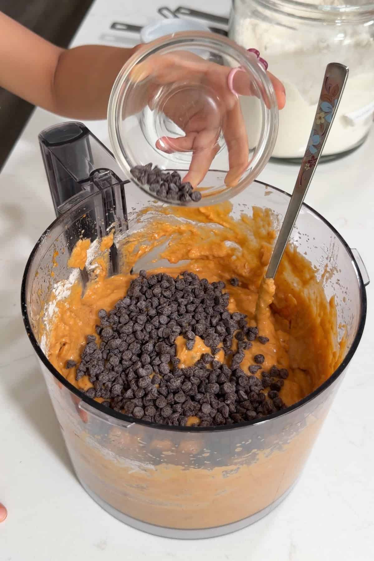 Chocolate chips added to the batter.