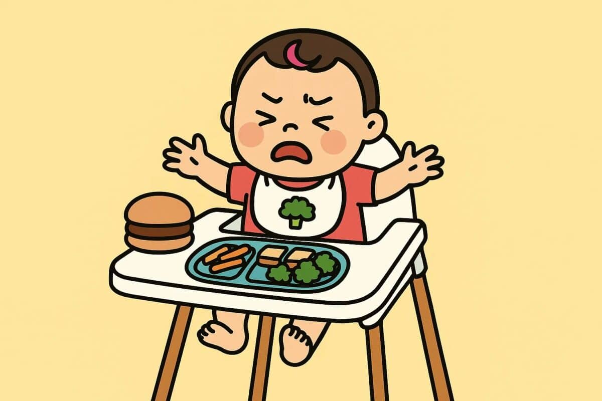 An image of baby crying and not eating in a high chair.