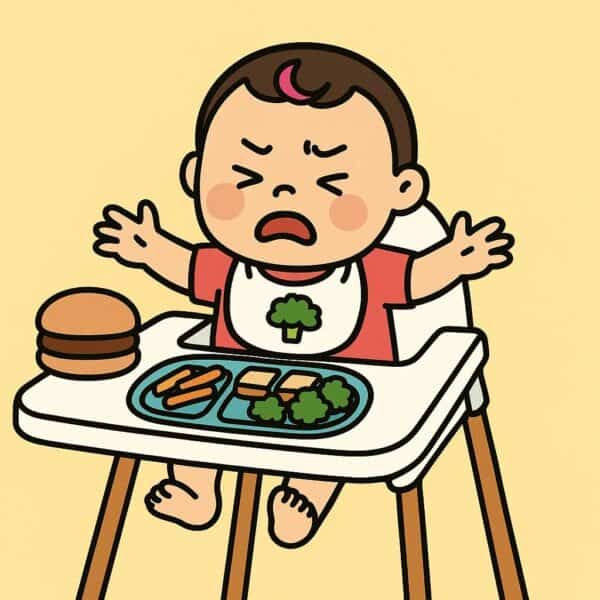 An image of baby crying and not eating in a high chair.