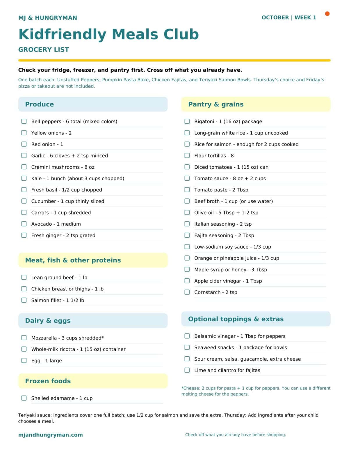 October Week 1 meal plan grocery list.