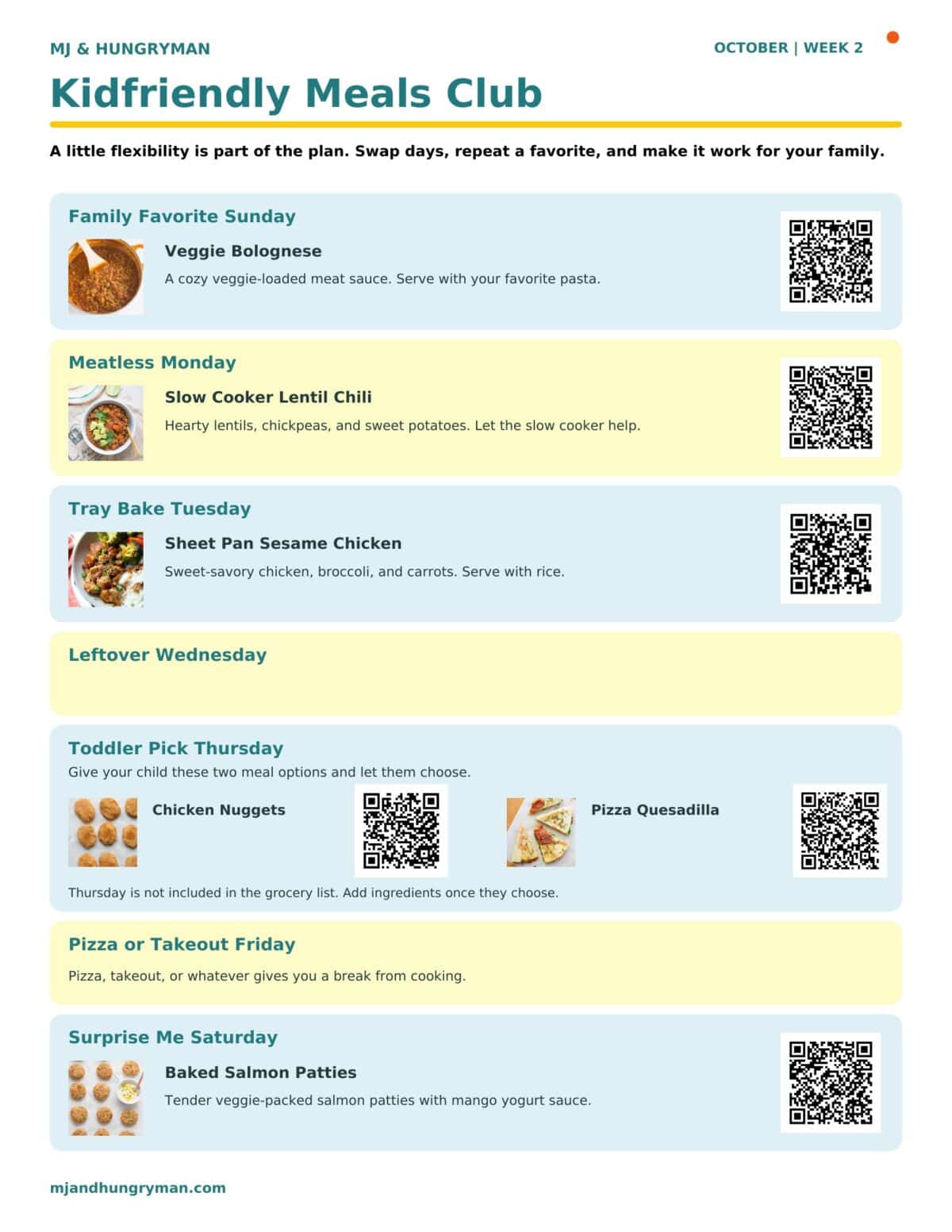 October week 2 meal plan.