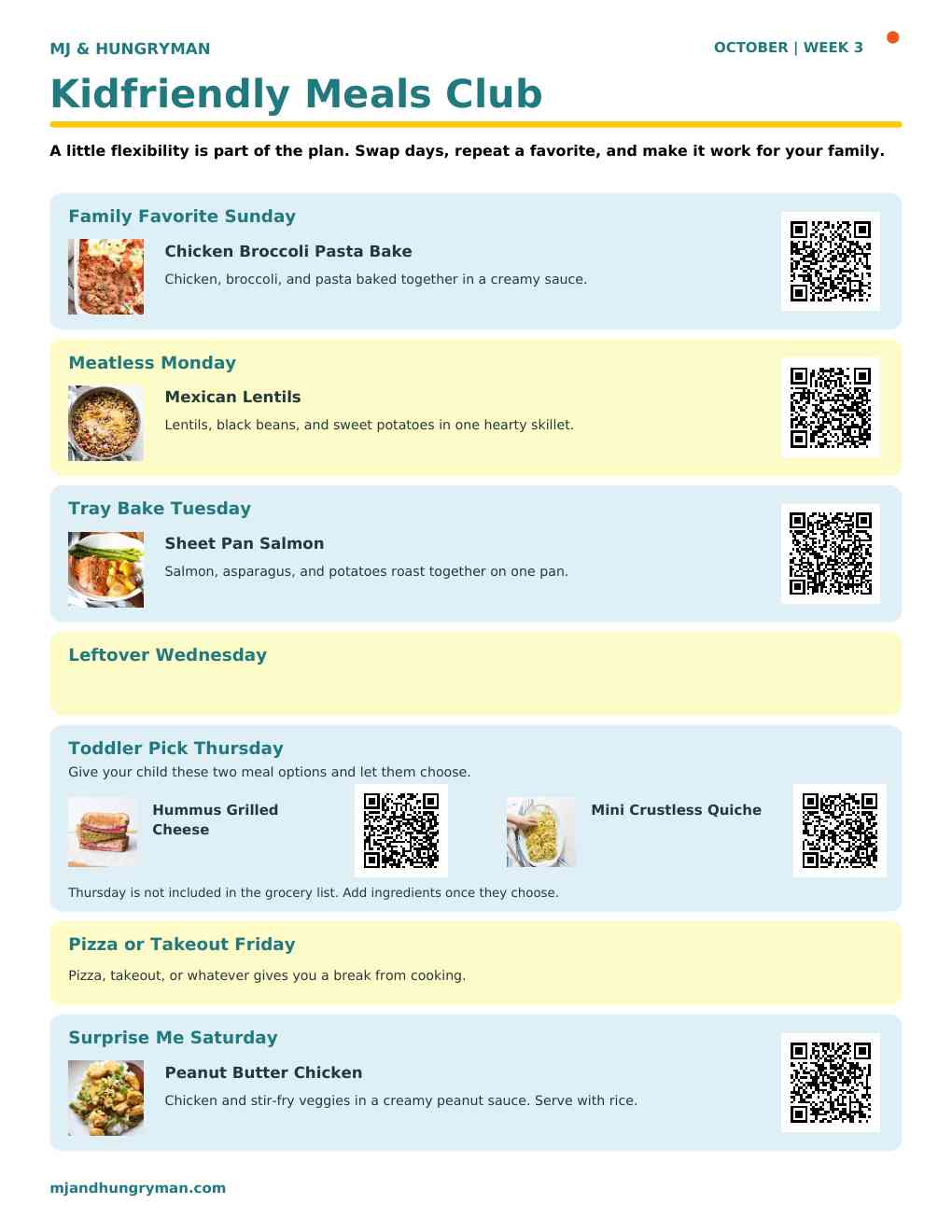 October week 3 meal plan with QR codes.