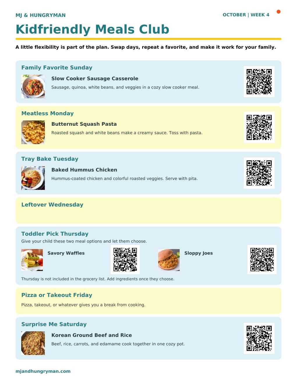 October week 4 meal plan.