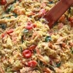 Cooked pesto salmon orzo bake.