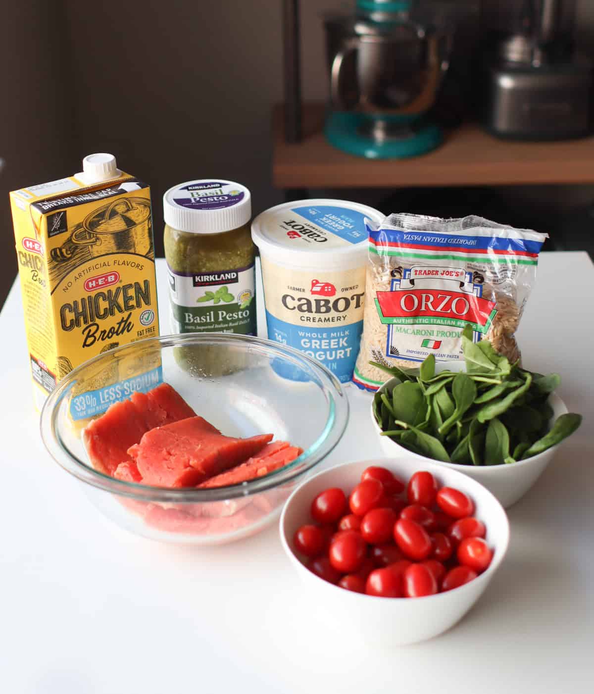 All the ingredients laid out on a white table.
