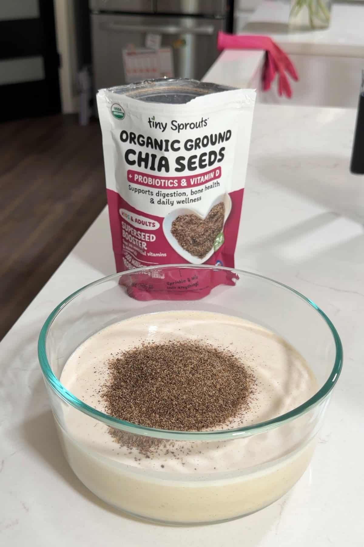 Ground chia seeds added to the liquid.