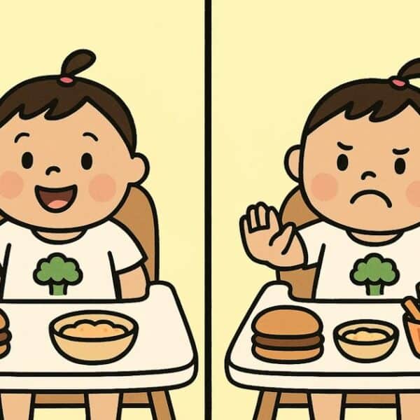 a graphic of child loving burger on the left and refusing on the right.