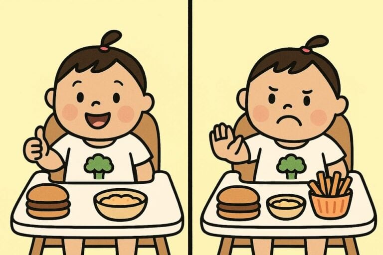 a graphic of child loving burger on the left and refusing on the right.