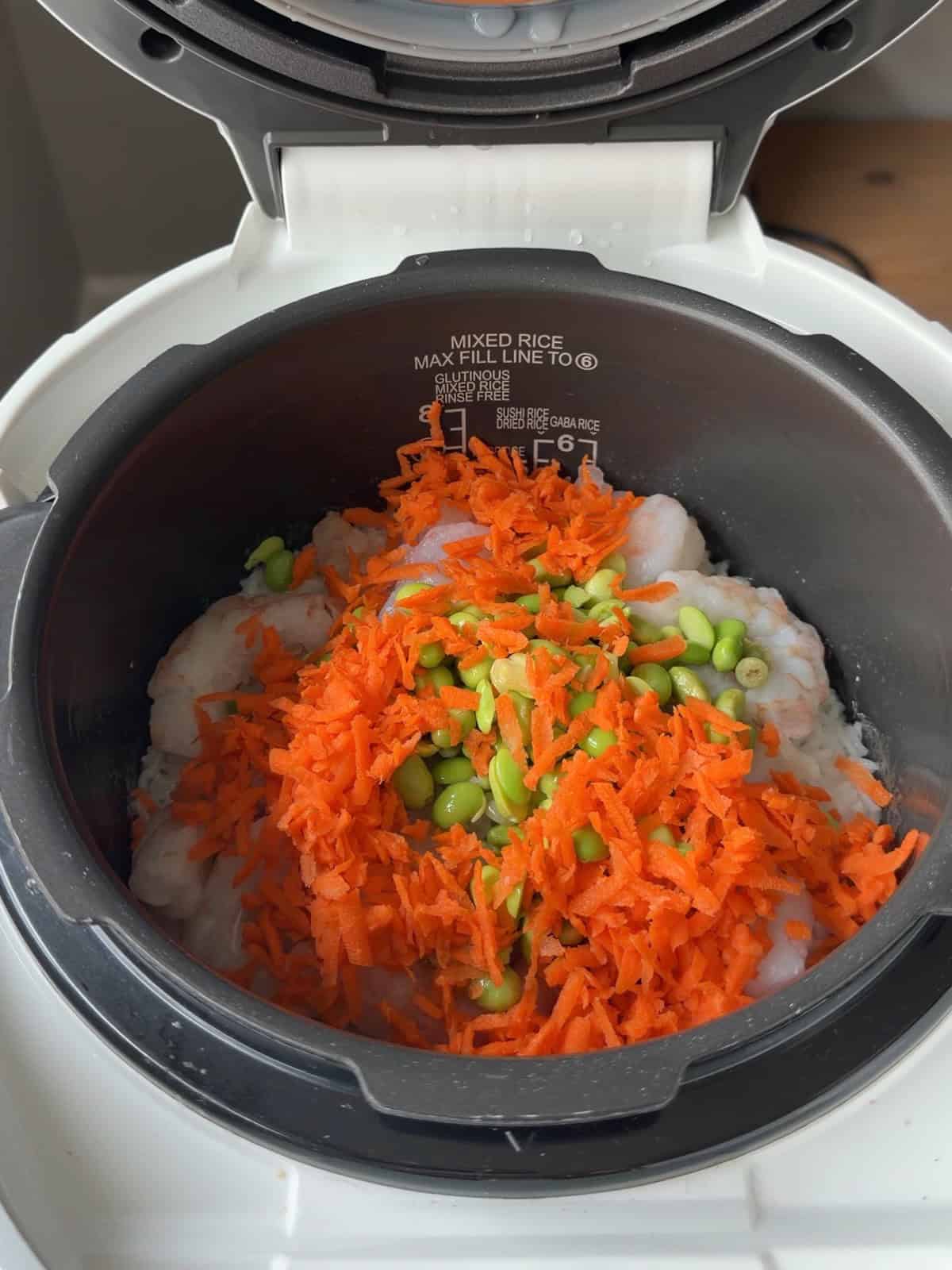 Carrots and vegetables on top of rice.