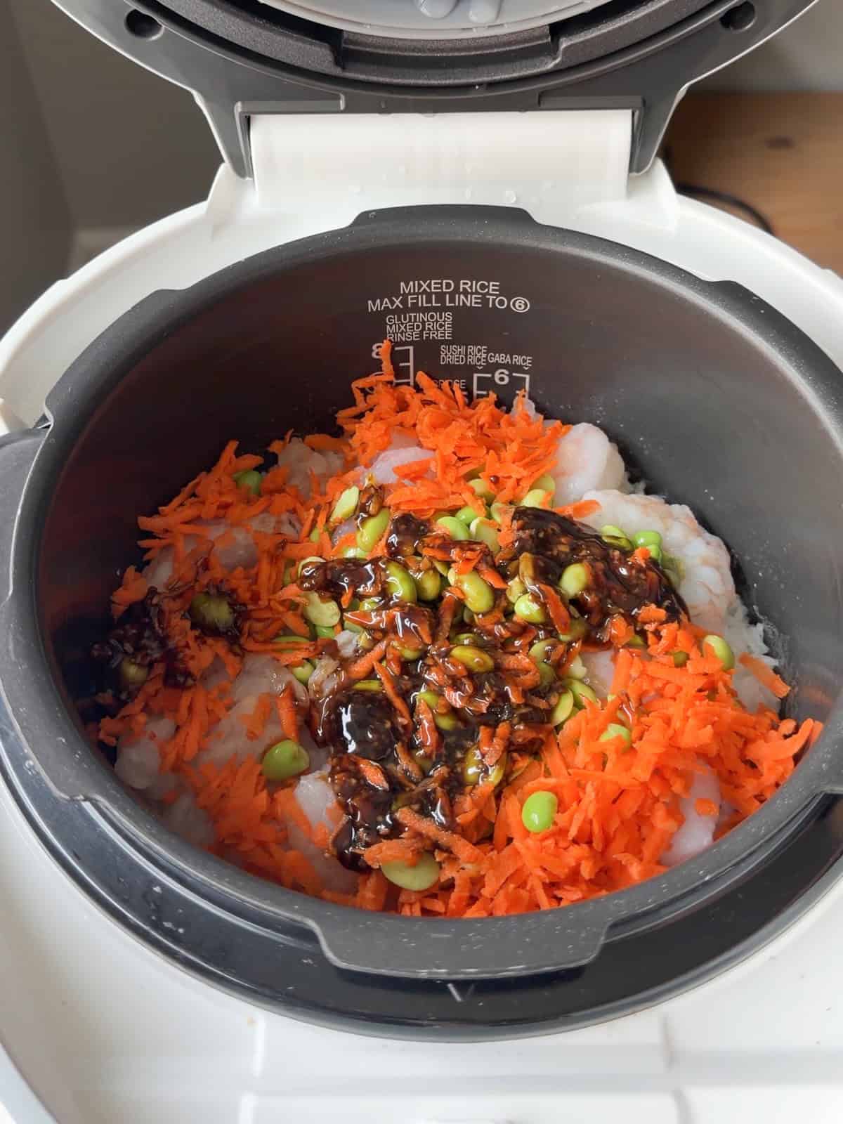 Teriyaki sauce poured on top of everything.