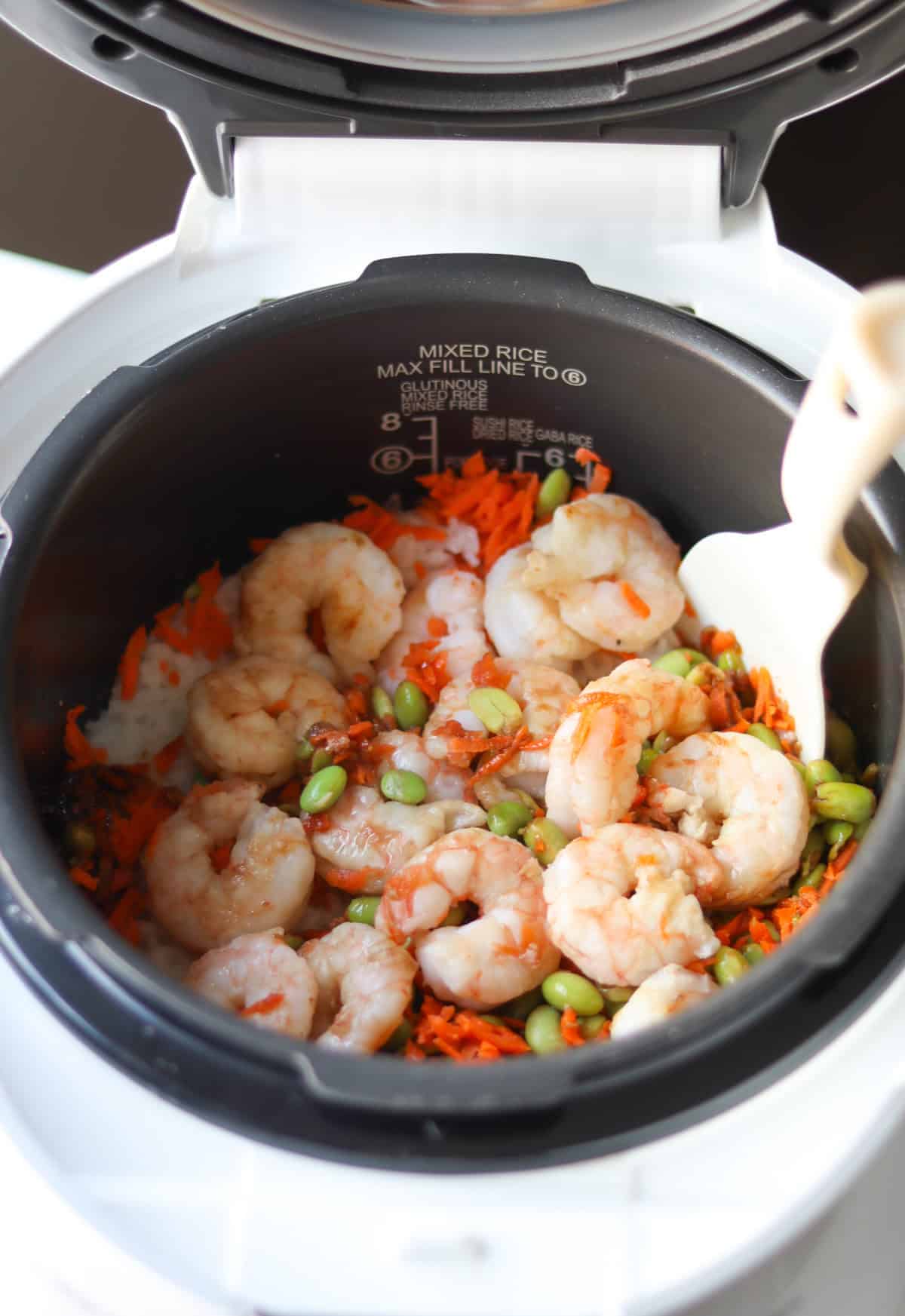 Cooked shrimp in rice cooker.