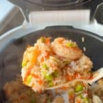 Scooped shrimp with rice in a rice cooker.