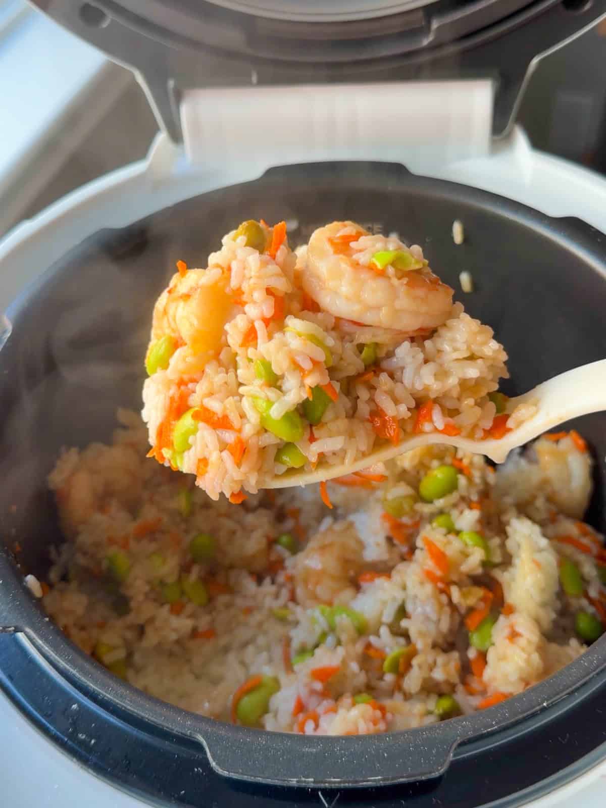 Scooped shrimp with rice in a rice cooker.