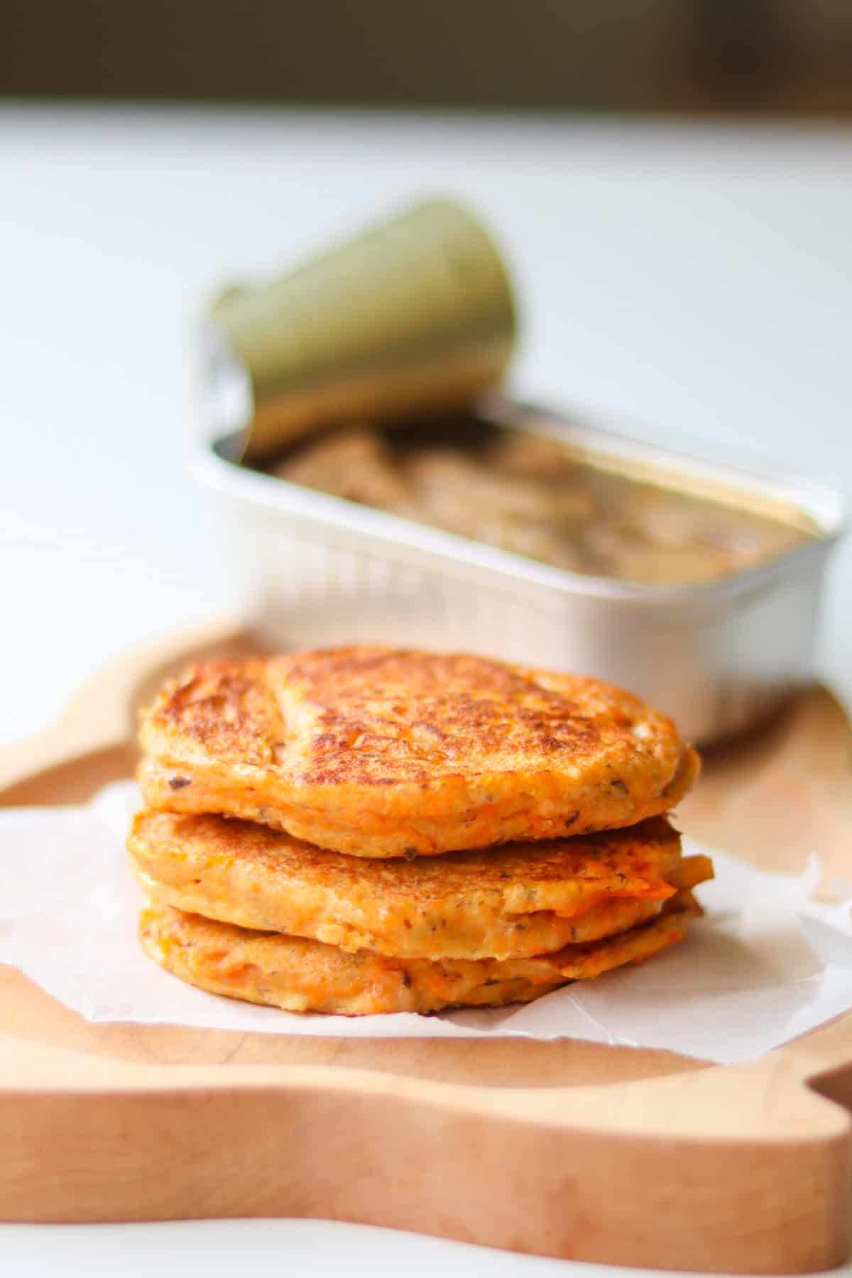 Three sardine pancakes stacked.