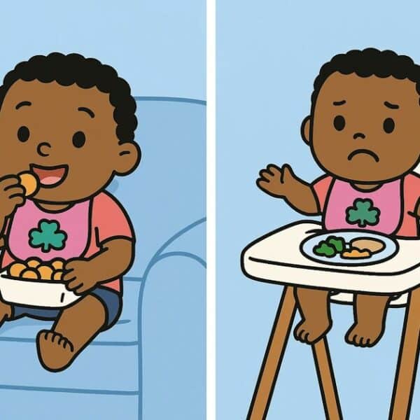 An image of baby eating on a couch but not in high chair.