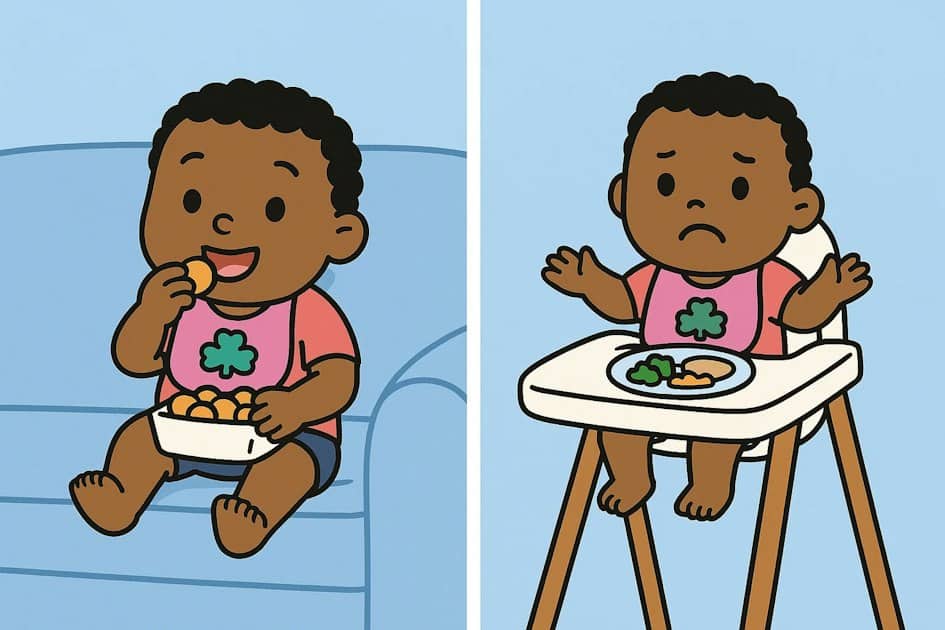 An image of baby eating on a couch but not in high chair.