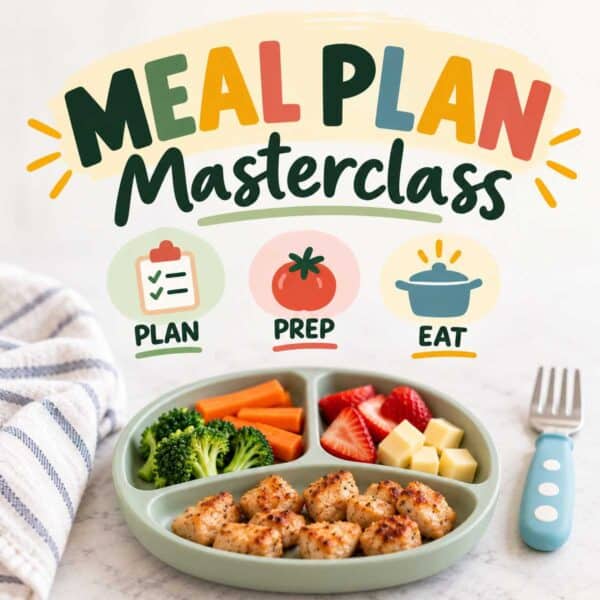 Meal plan masterclass page with toddler plate with chicken, vegetables, fruit.